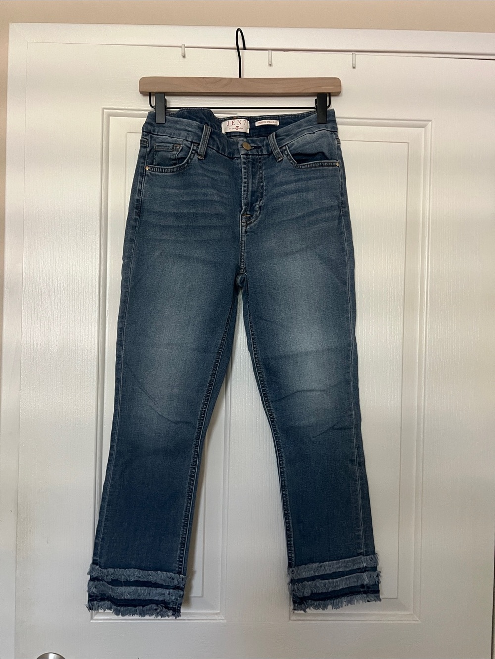 7 For All Mankind Dark Wash Cropped Frayed-Hem Jeans